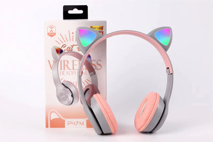 Wireless Headphones Cat Ear Bluetooth-Compatible Helmets Stereo Bass Over-Ear Headsets Sports Headphones for Kids and Adult