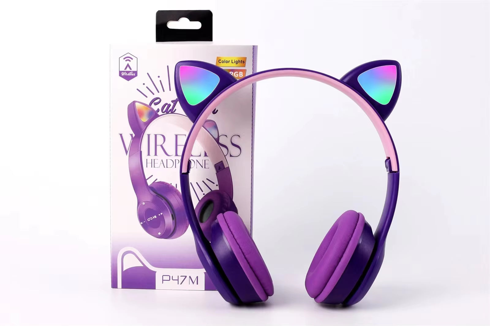 Wireless Headphones Cat Ear Bluetooth-Compatible Helmets Stereo Bass Over-Ear Headsets Sports Headphones for Kids and Adult